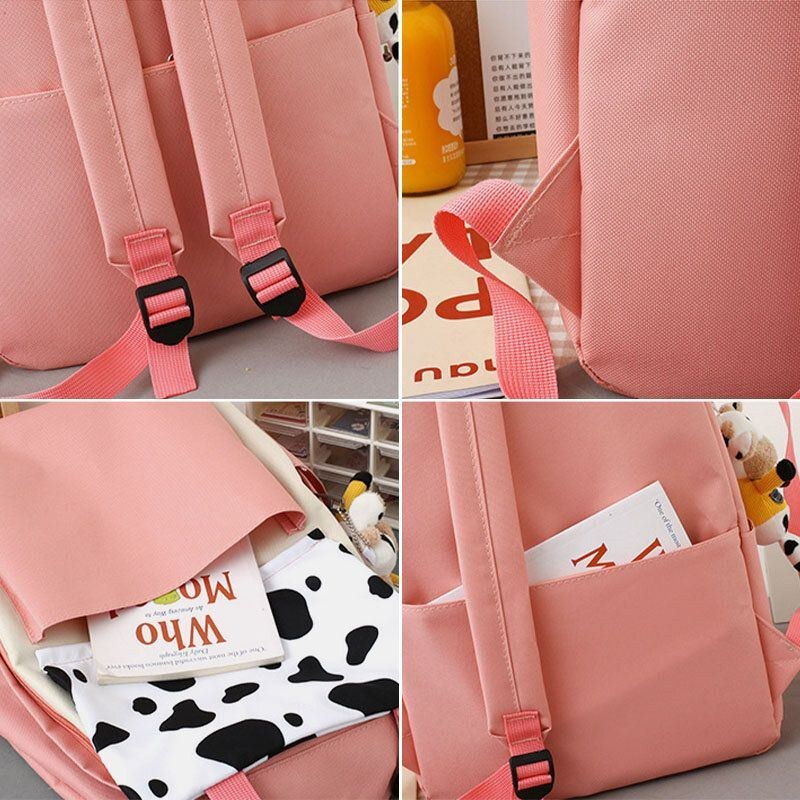 Dam 5 St Canvas Preppy Cow Mönster Multifunktionskombinationsväska Ryggsäck Tote Crossbody-väska Clutchplånbok