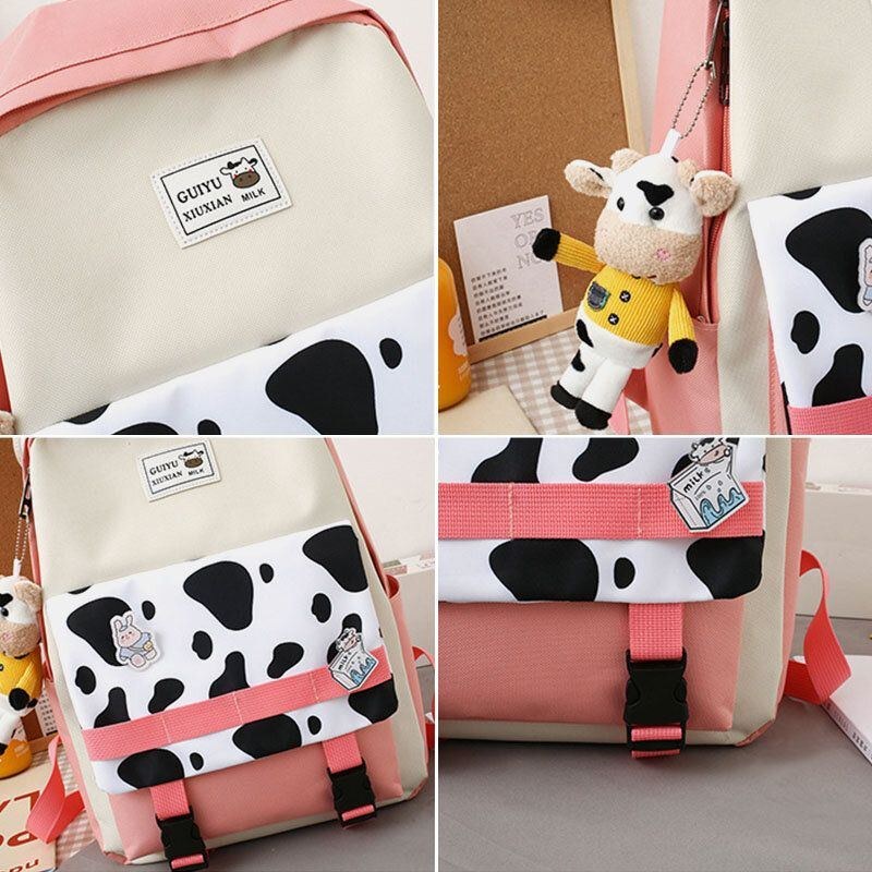 Dam 5 St Canvas Preppy Cow Mönster Multifunktionskombinationsväska Ryggsäck Tote Crossbody-väska Clutchplånbok