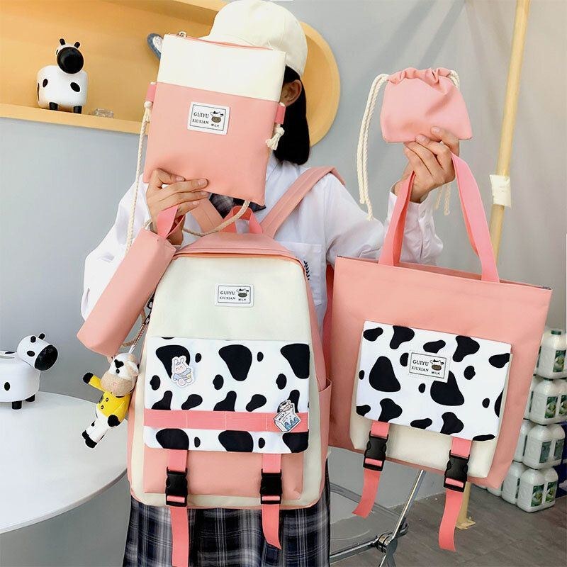 Dam 5 St Canvas Preppy Cow Mönster Multifunktionskombinationsväska Ryggsäck Tote Crossbody-väska Clutchplånbok