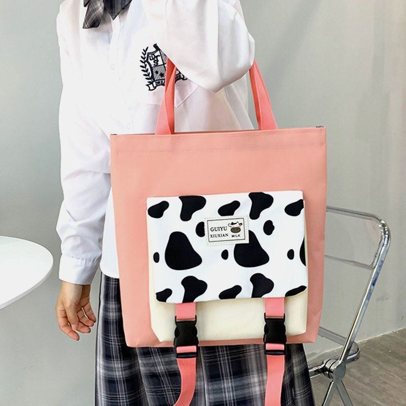 Dam 5 St Canvas Preppy Cow Mönster Multifunktionskombinationsväska Ryggsäck Tote Crossbody-väska Clutchplånbok