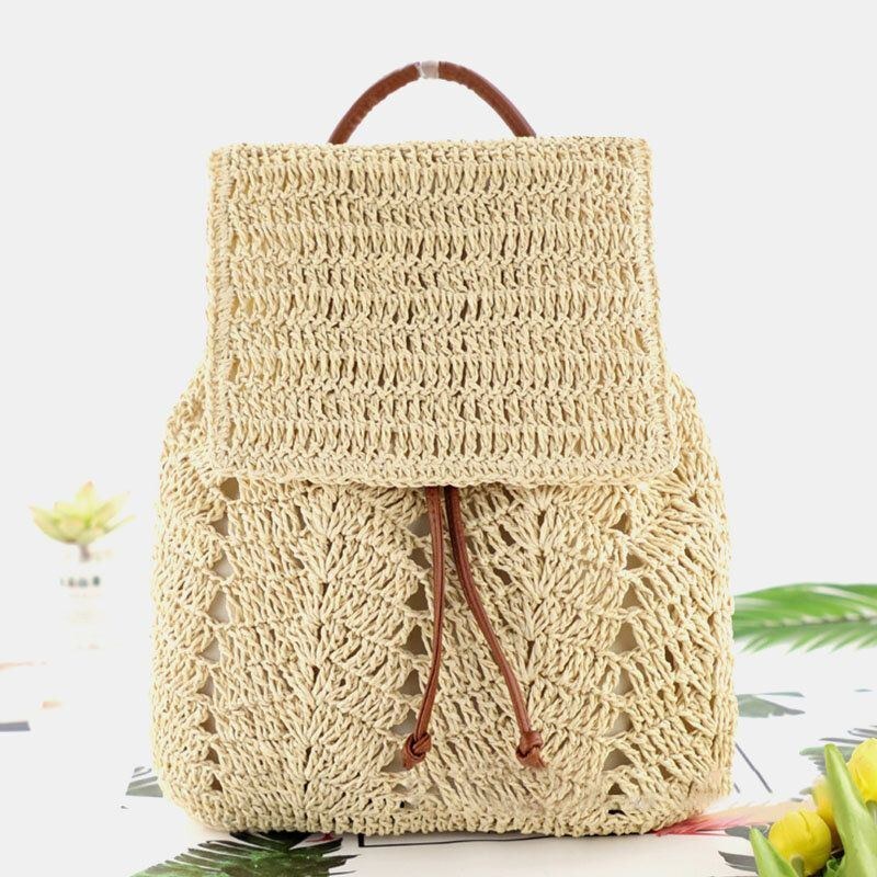 Dam Mori Series String Straw Bag Dubbelbruks Vävd Väska Retro Beach Bag Ryggsäck