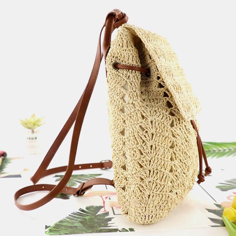 Dam Mori Series String Straw Bag Dubbelbruks Vävd Väska Retro Beach Bag Ryggsäck