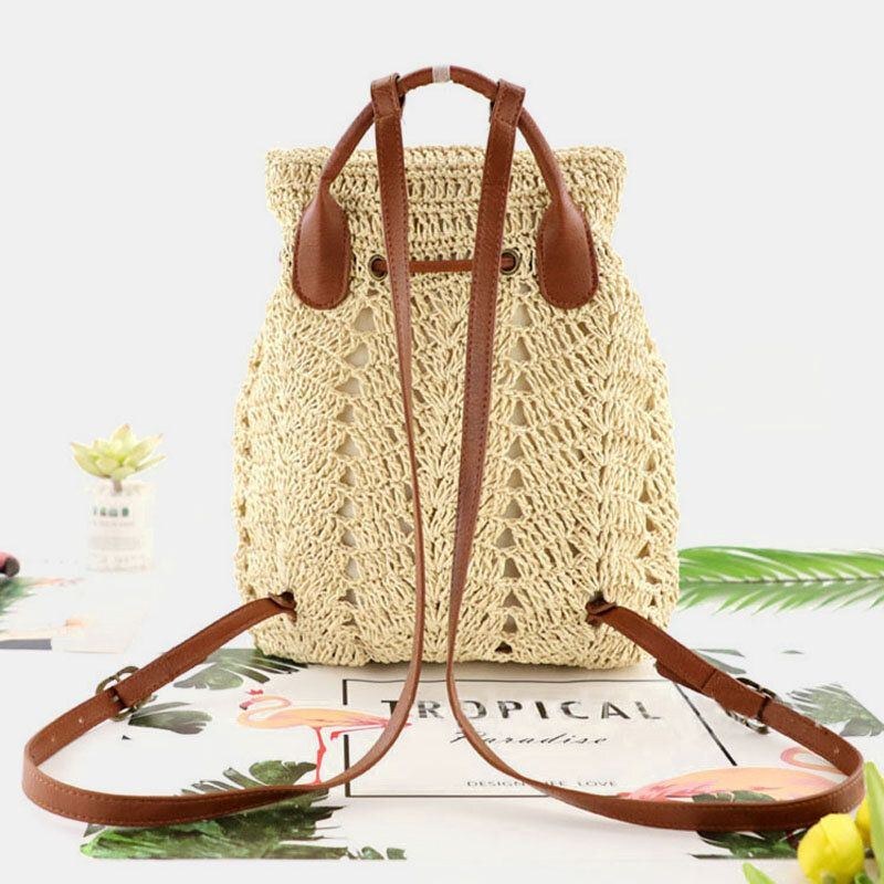 Dam Mori Series String Straw Bag Dubbelbruks Vävd Väska Retro Beach Bag Ryggsäck