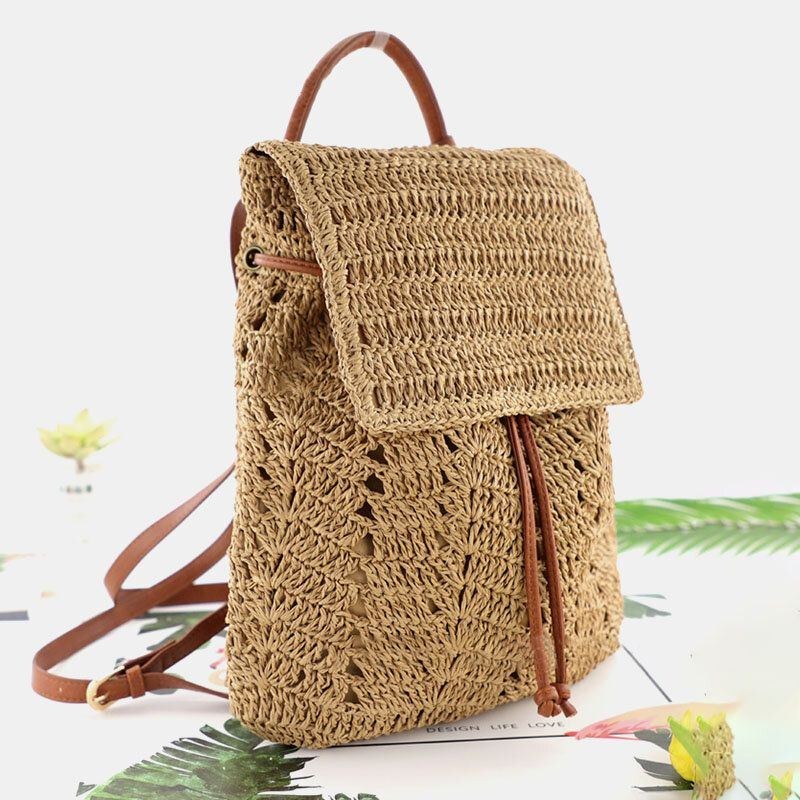 Dam Mori Series String Straw Bag Dubbelbruks Vävd Väska Retro Beach Bag Ryggsäck