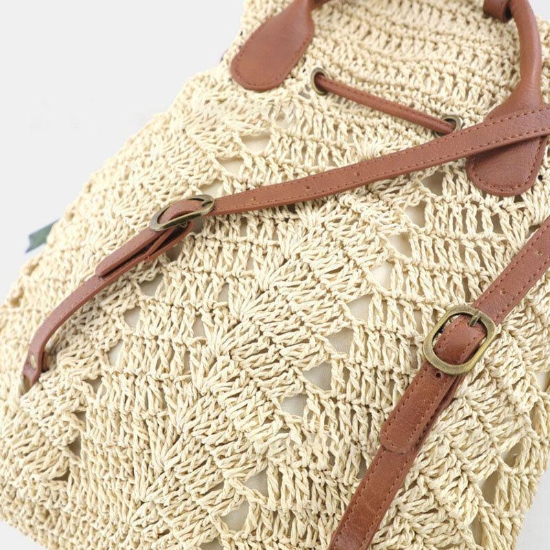 Dam Mori Series String Straw Bag Dubbelbruks Vävd Väska Retro Beach Bag Ryggsäck