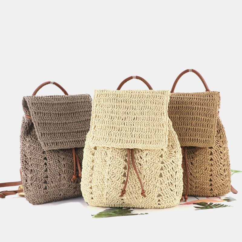 Dam Mori Series String Straw Bag Dubbelbruks Vävd Väska Retro Beach Bag Ryggsäck